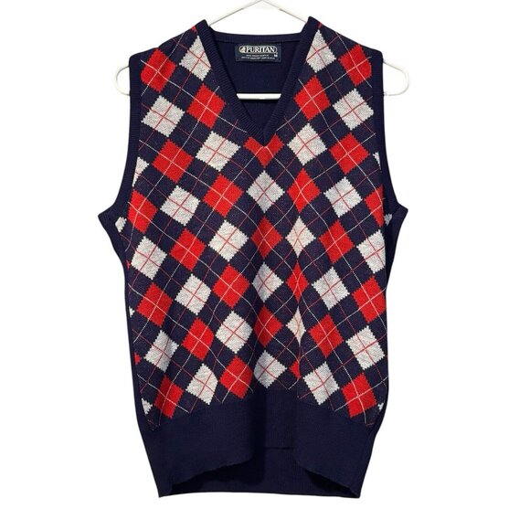 Puritan Orlon Acrylic Argyle Sweater Vest Mens‎ Medium Navy Red Preppy Classic - Picture 1 of 8